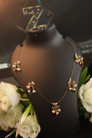 Elegant Multicolor Stone Invisible Necklace with Pearl Hangings