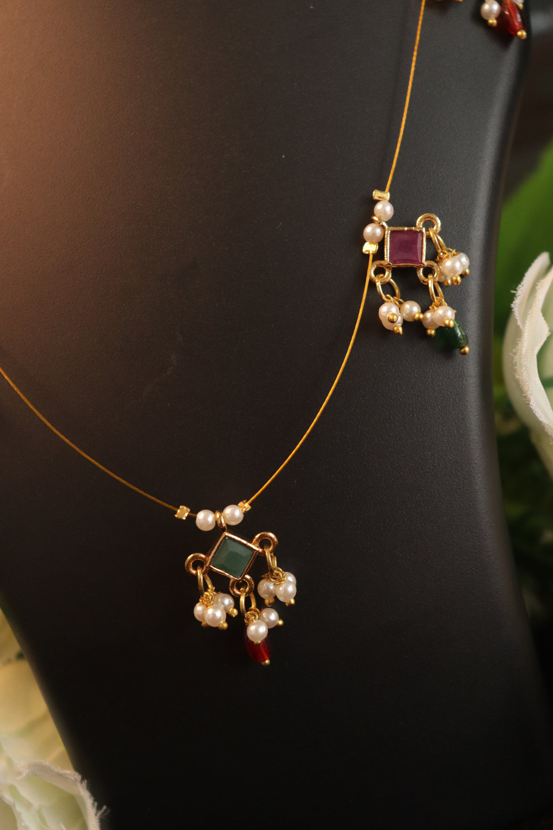 Elegant Multicolor Stone Invisible Necklace with Pearl Hangings