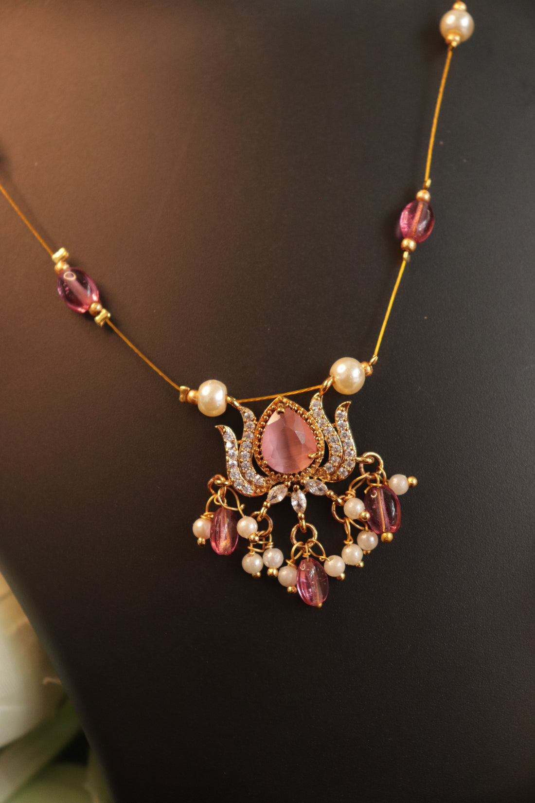 Elegant Baby Pink AD Lotus Invisible Necklace