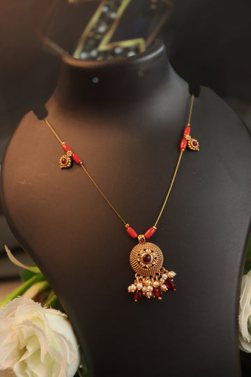 Elegant Round Pendant Invisible Chain with Pearl Hangings & Coral Beads