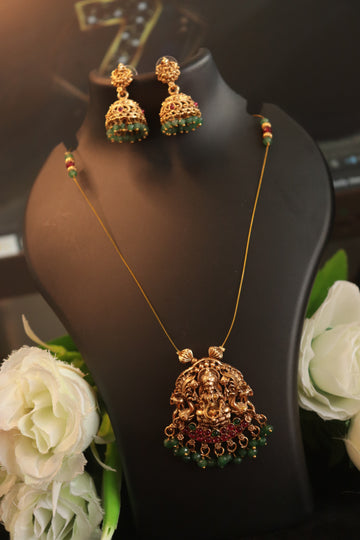 Divine Lakshmi Pendant Invisible Chain Set with Matching Jhumka – 18 Inch