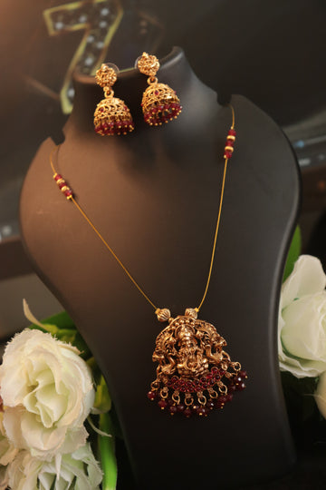 Divine Lakshmi Pendant Invisible Chain Set with Matching Jhumka – 18 Inch