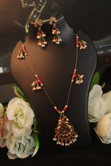 Antique Peacock Pendant Invisible Chain with Coral Beads & Matching Earrings – 18 Inches