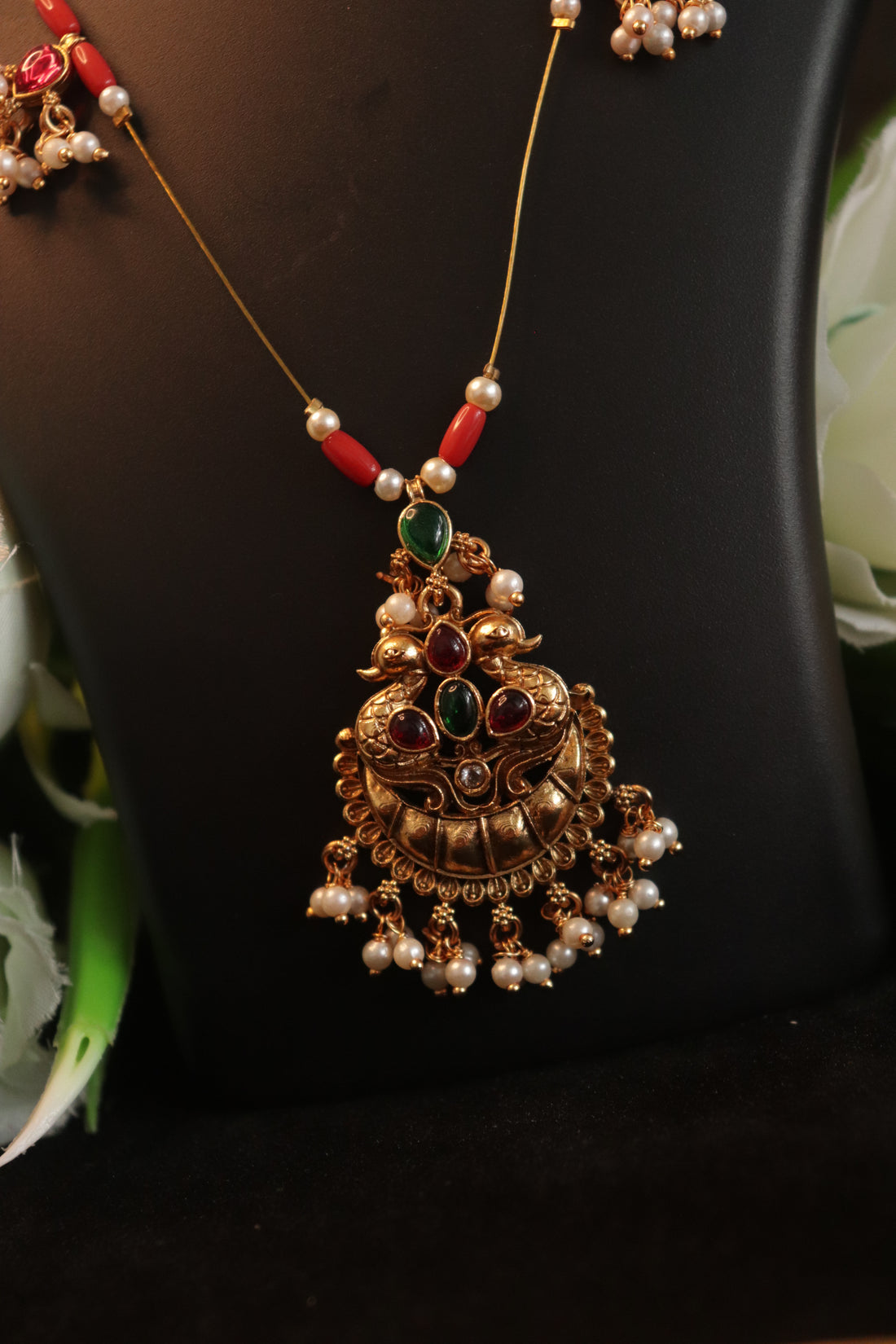 Antique Peacock Pendant Invisible Chain with Coral Beads & Matching Earrings – 18 Inches