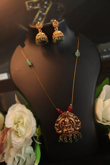 Lakshmi Pendant Invisible Chain with Green Beads & Matching Jhumka – 18 Inches