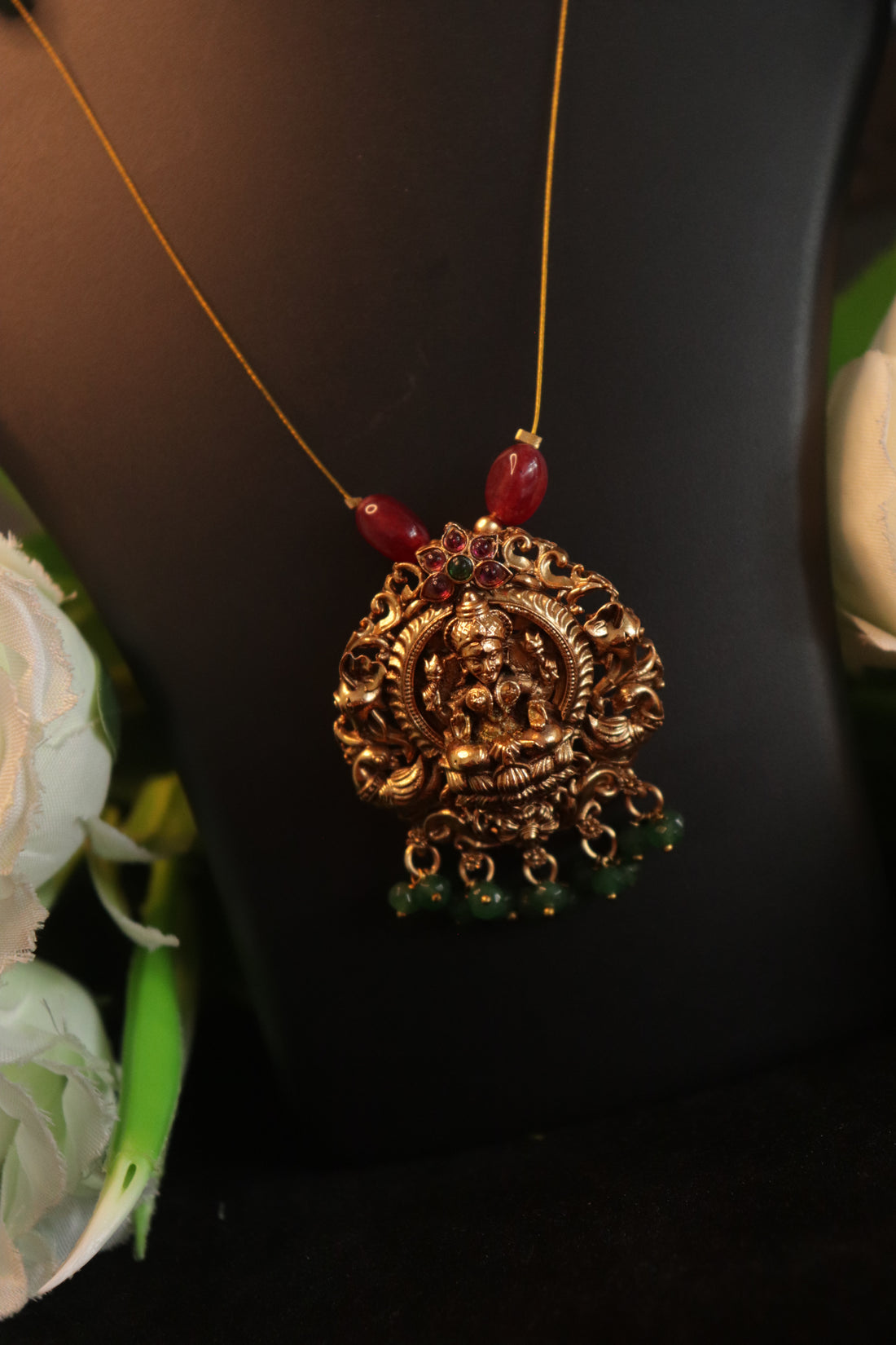Lakshmi Pendant Invisible Chain with Green Beads & Matching Jhumka – 18 Inches