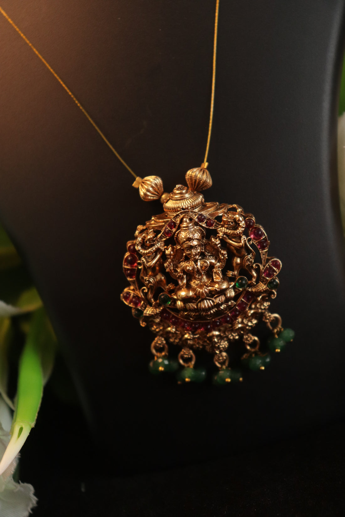 Divine Lakshmi Invisible Chain Set with Green Bead Jhumkas – 18 Inches