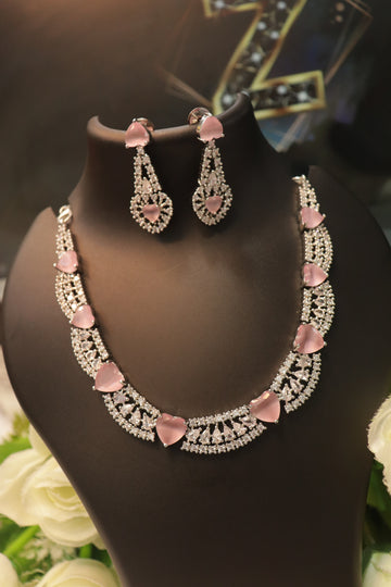 Elegant Heartstone Rhodium Polish AD Necklace Set with Matching Earrings