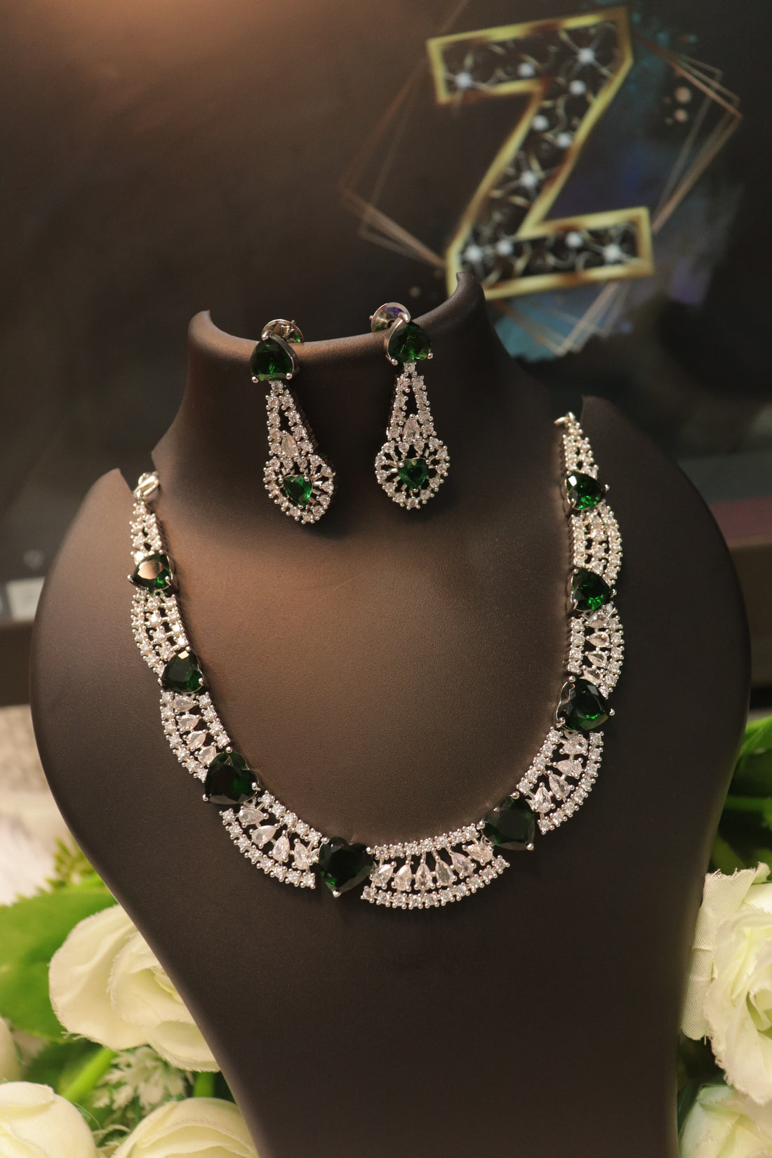 Elegant Heartstone Rhodium Polish AD Necklace Set with Matching Earrings