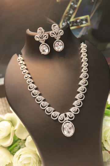 Royal Oval Stone AD Necklace Set with Matching Earrings