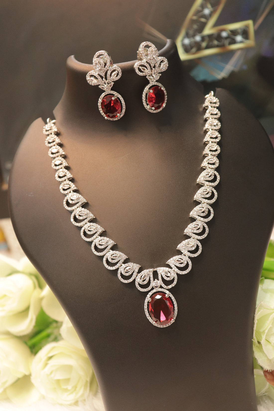 Royal Oval Stone AD Necklace Set with Matching Earrings