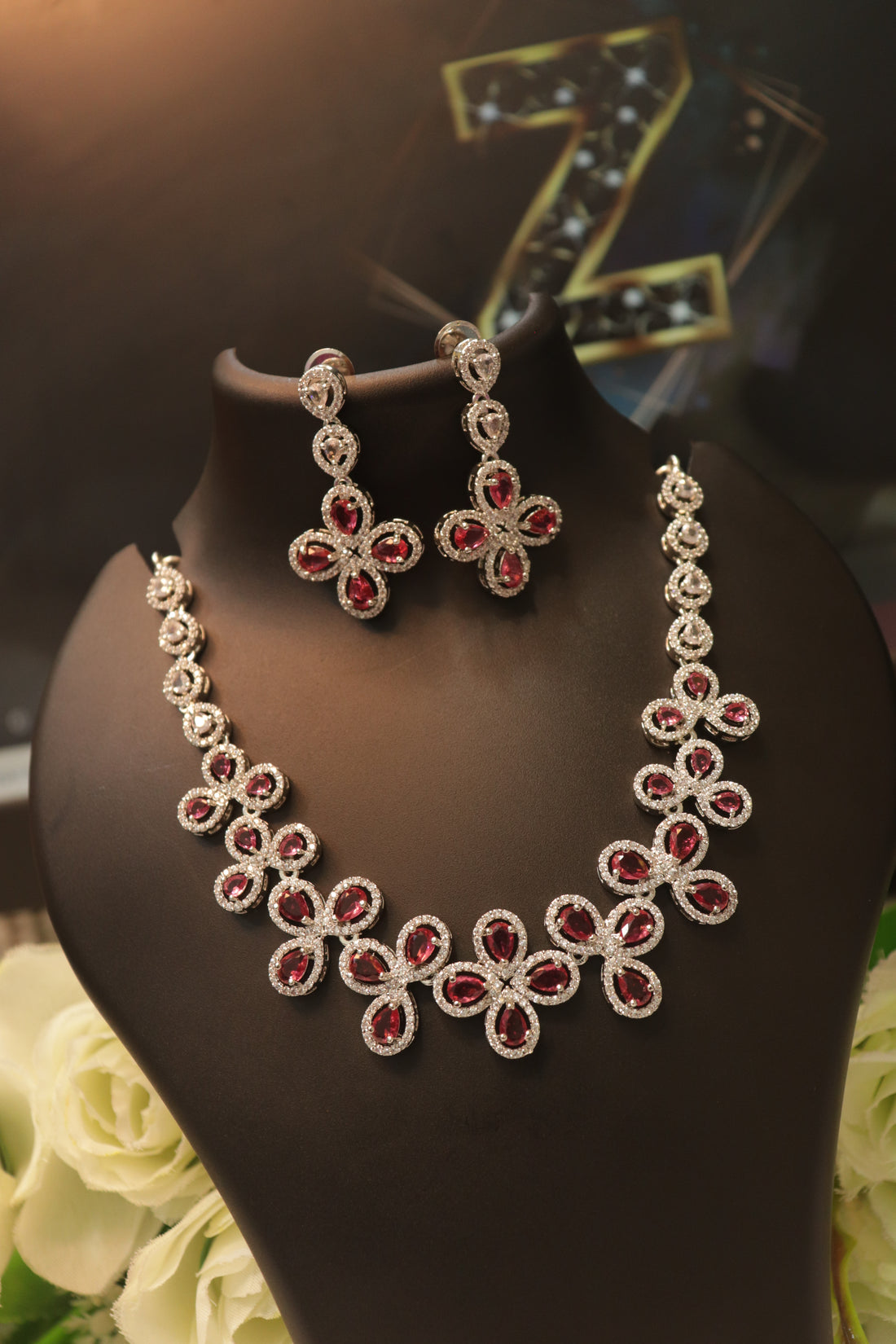 Floral Drop Stone AD Necklace Set with Matching Earrings