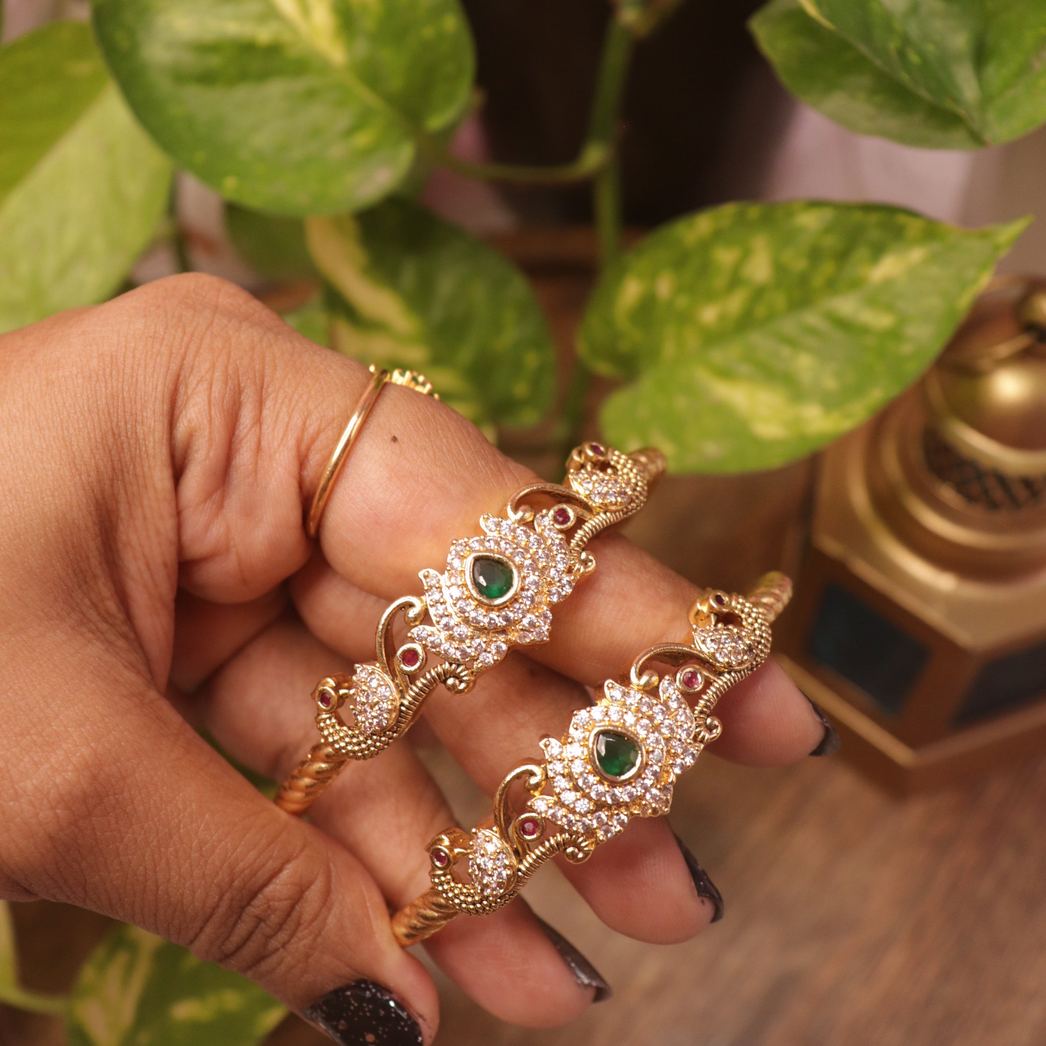 Peacock & Lotus Motif Bangles with Emerald and Ruby Accents – Set of 2