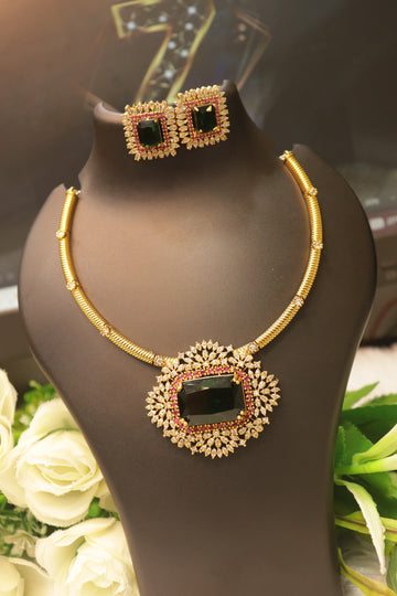 Antique Gold Hasli Necklace with Bold Green AD Pendant