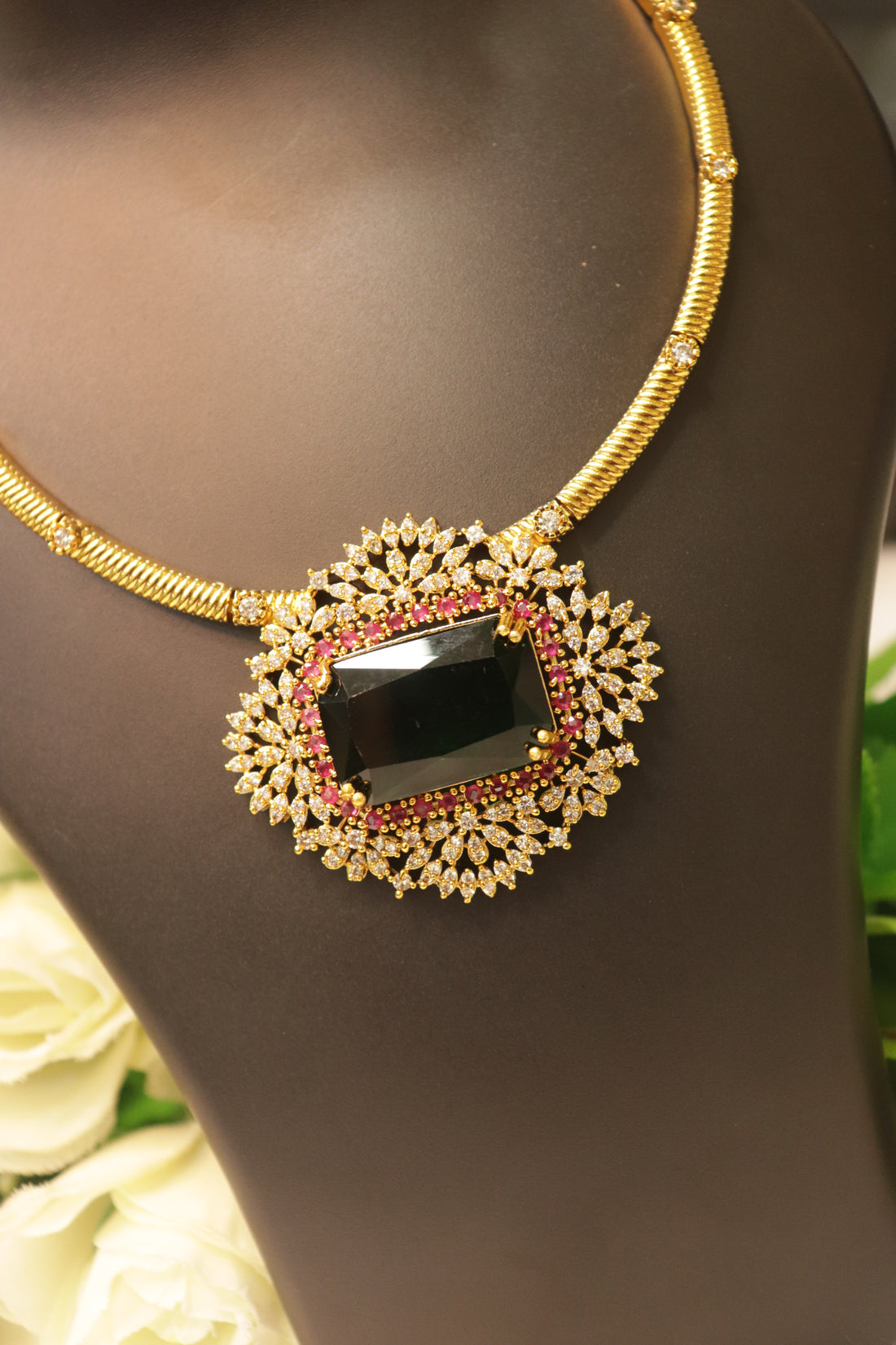 Antique Gold Hasli Necklace with Bold Green AD Pendant