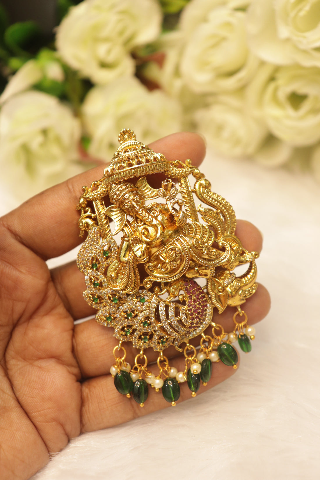 Antique Ganesha Peacock Pendant with AD Stones & 3 Tone Twisted Hasli Chain