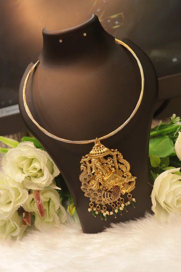 Antique Ganesha Peacock Pendant with AD Stones & 3 Tone Twisted Hasli Chain