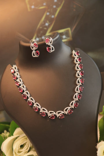 Ruby Stone Necklace Set with CZ Accents in Silver Finish