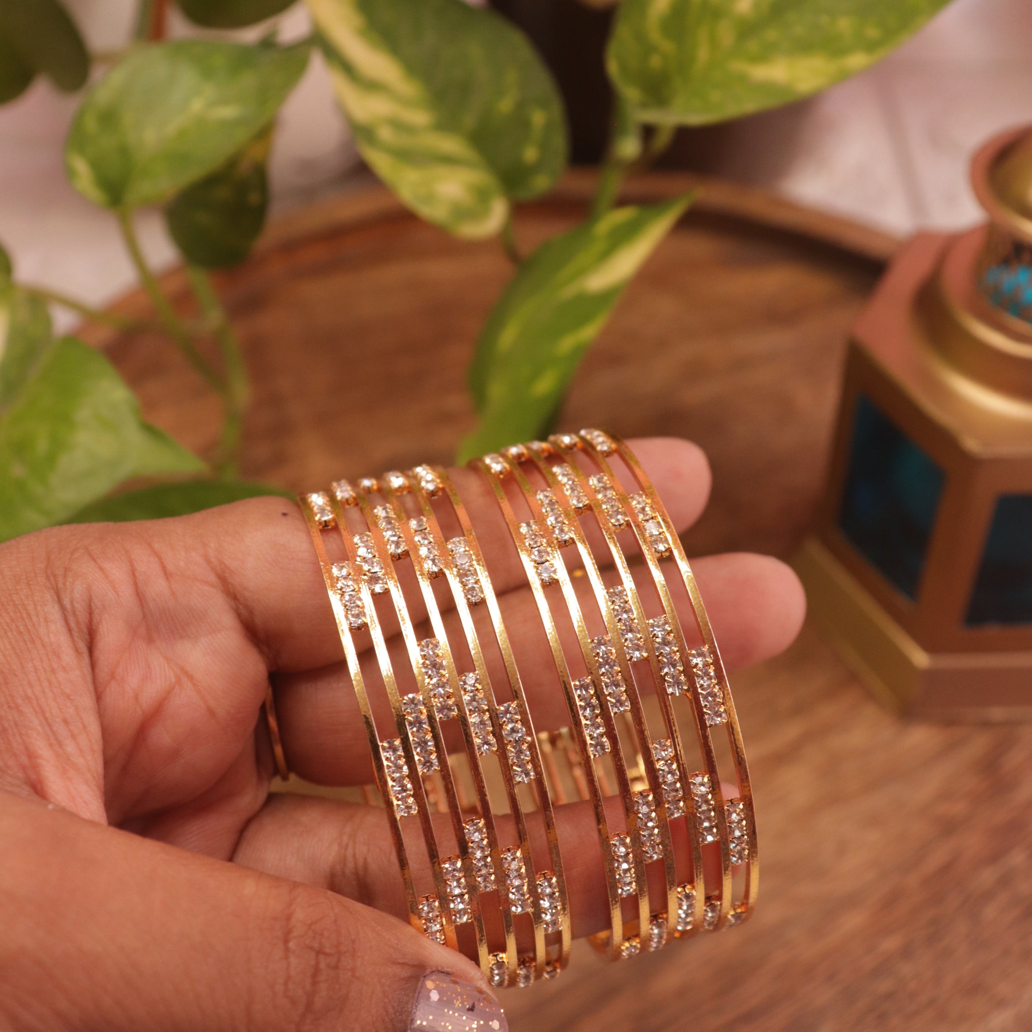 Broad CZ-Studded Gold Finish Bangles – Set of 2