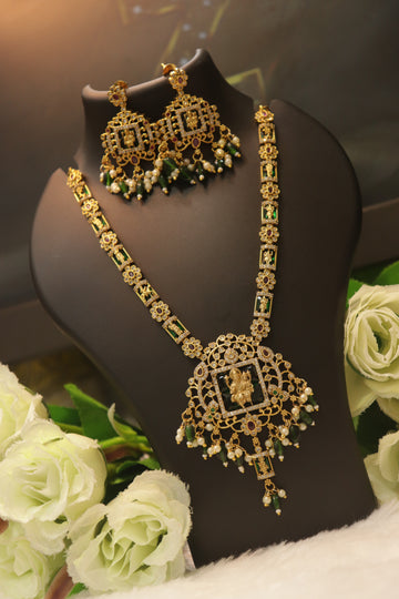 Dasavadharam Antique AD Necklace Set with Temple Pendant & Statement Earrings