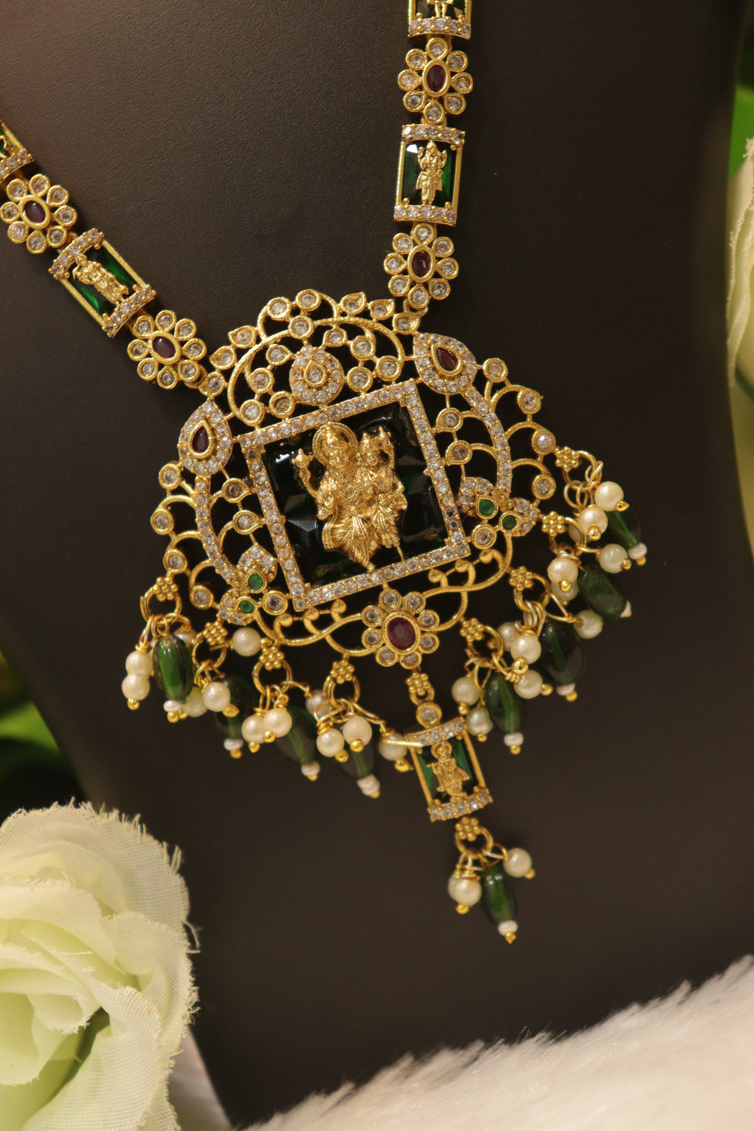 Dasavadharam Antique AD Necklace Set with Temple Pendant & Statement Earrings