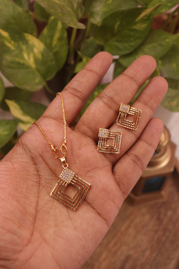 Geometric Square AD Microplated Dollar Chain Set – 18" Necklace with Earrings