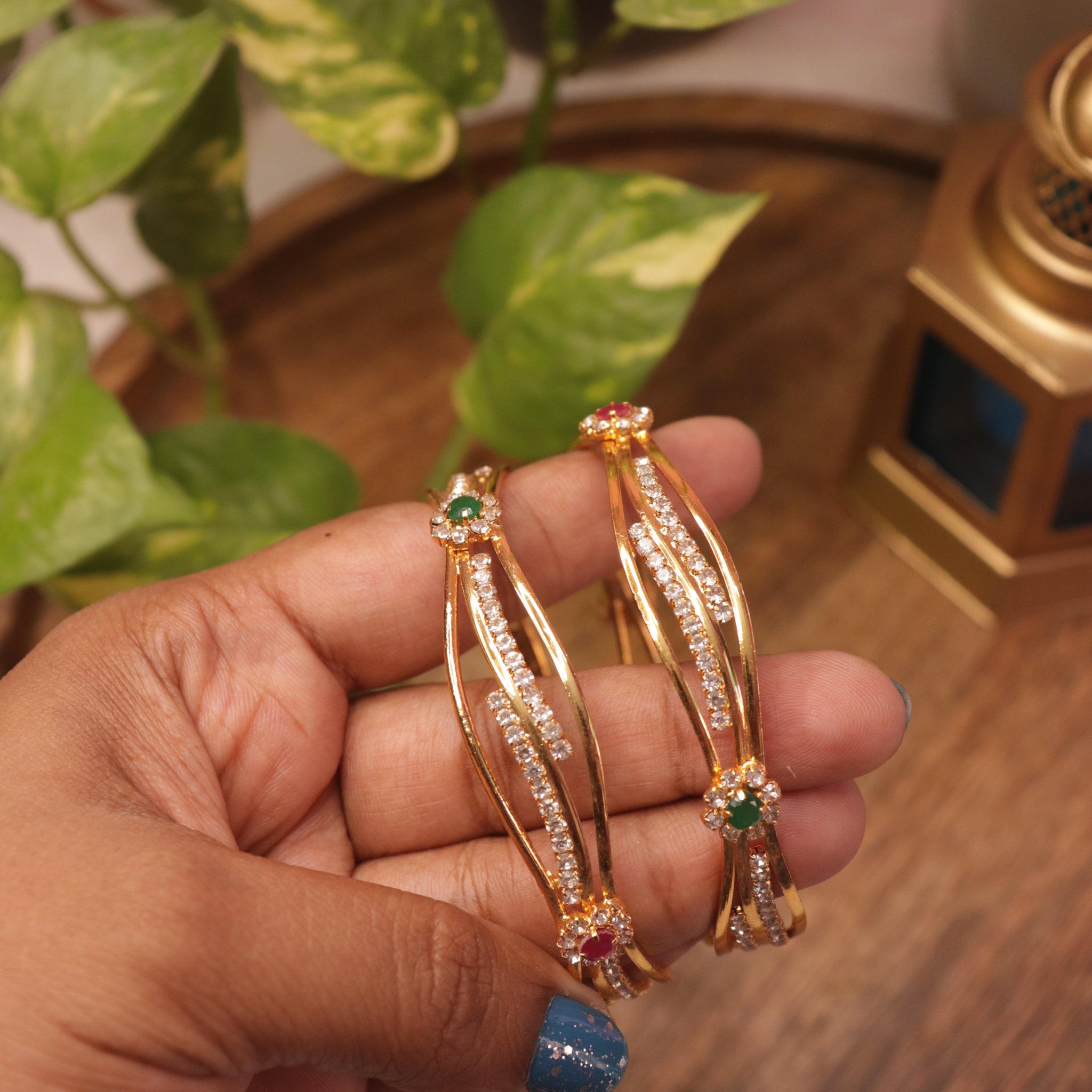 Dual-Tone Ruby & Emerald CZ Bangles in Gold Finish – Set of 2