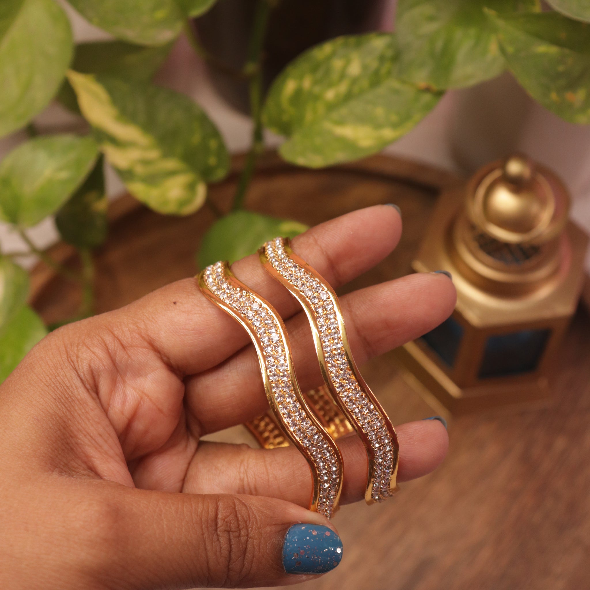 Wavy CZ-Studded Bangles in Gold Finish – Set of 2