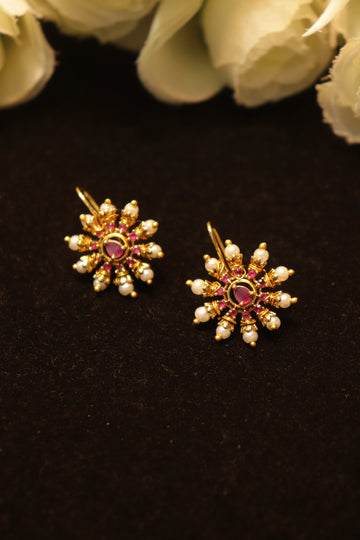 Ruby Pearl Bloom Bugadi Earrings (No Piercing Required)