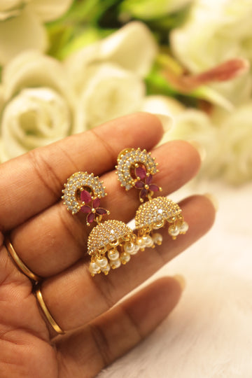 Moonlit Pearl AD Jhumka - Pink