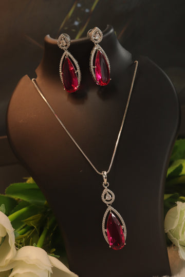 Celeste Droplet Rhodium Pendant Set - Rani Pink Color