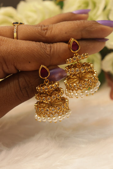 Pearl Radiance Antique AD Jhumkas - Red
