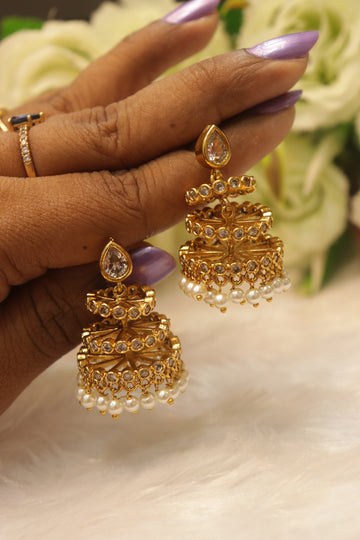 Pearl Radiance Antique AD Jhumkas - White