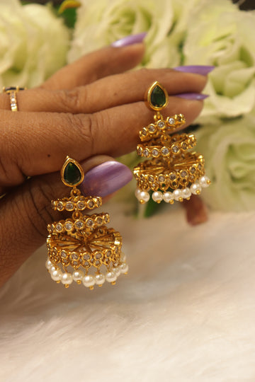 Pearl Radiance Antique AD Jhumkas - Green