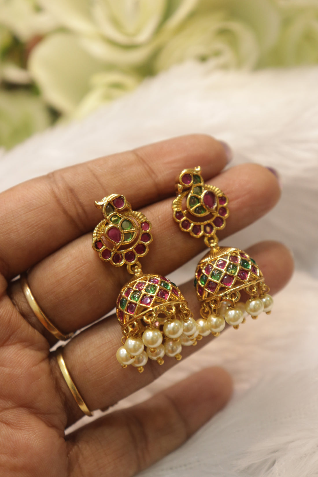Premium AD Stone Ruby Green Jhumka