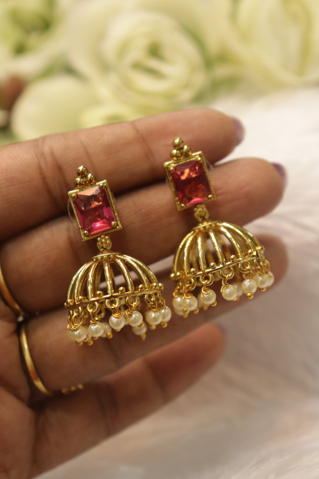 Regal Cage Jhumka - Red