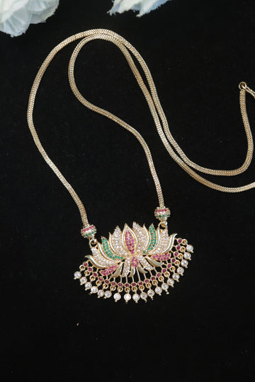Elegant Multicolor Lotus AD Stone Pendant with Microplated Dollar Chain – 24 Inches