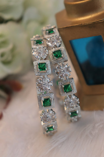 Rhodium Polish AD Floral Link Bangles - Green