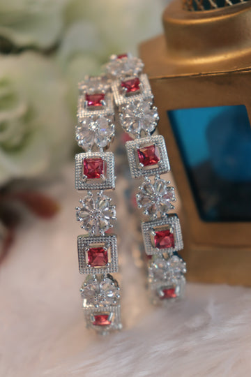 Rhodium Polish AD Floral Link Bangles - Red