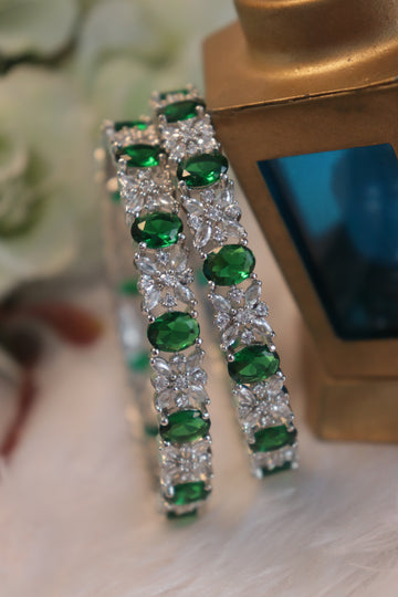 Floral Oval AD Rhodium Bangles - Green