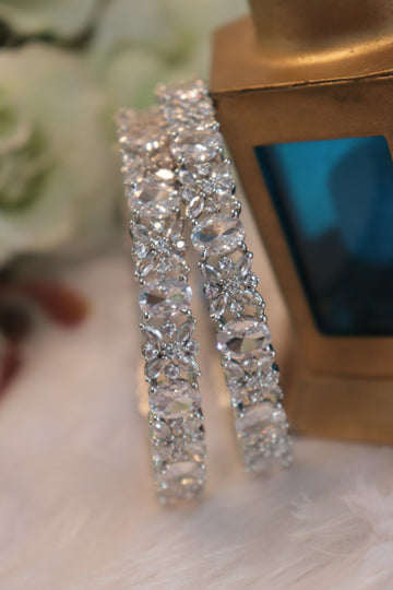 Floral Oval AD Rhodium Bangles - White