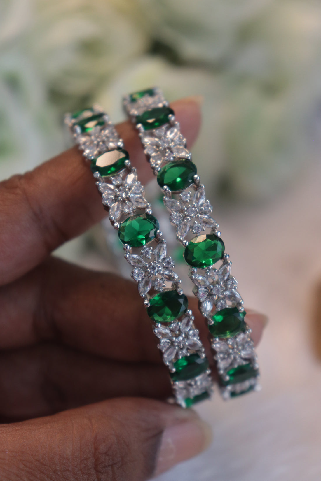 Floral Oval AD Rhodium Bangles - Green