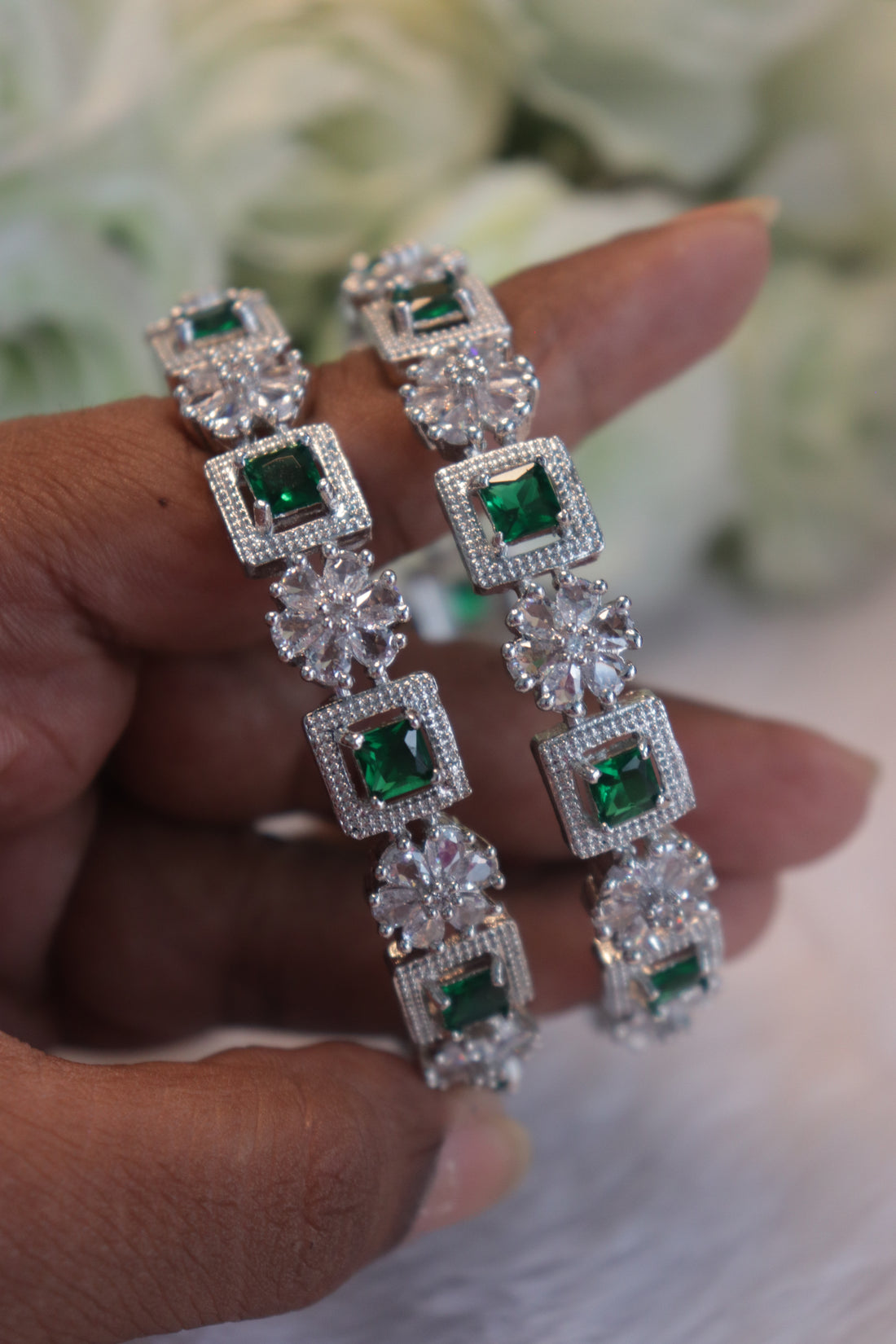 Rhodium Polish AD Floral Link Bangles - Green
