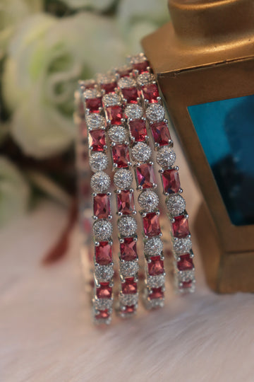 Geometric Elegance AD Rhodium Bangles – Set of 4 - Red
