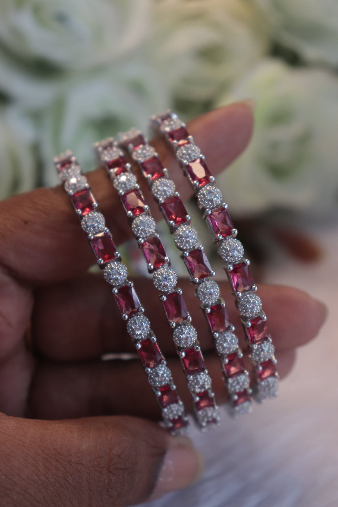 Geometric Elegance AD Rhodium Bangles – Set of 4 - Red