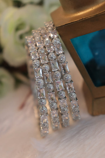 Geometric Elegance AD Rhodium Bangles – Set of 4 - White
