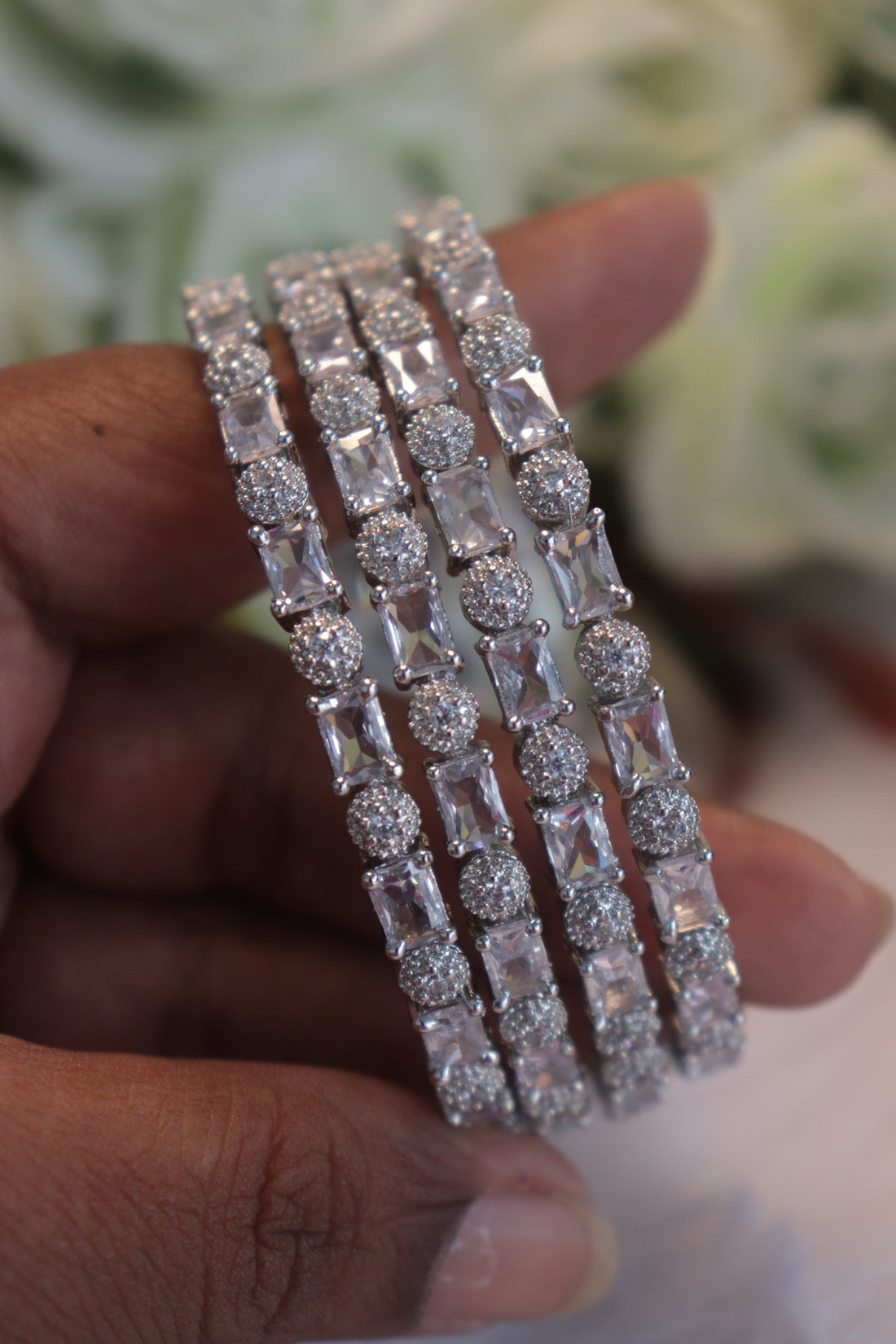 Geometric Elegance AD Rhodium Bangles – Set of 4 - White