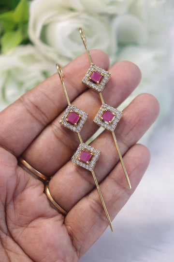 Square Sparkle Needle Earrings - Pink