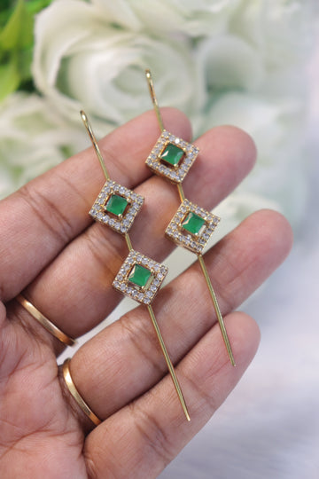 Square Sparkle Needle Earrings - Green
