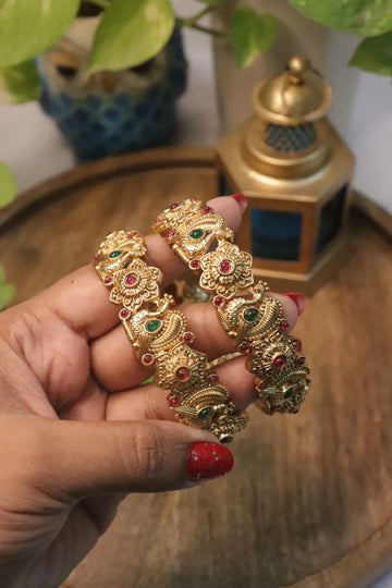 Antique Gold Floral Temple Bangles with Ruby & Emerald Stones